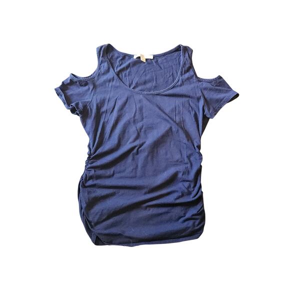 Boston proper cold shoulder Short sleeve shirt navy womens large ruched fitted - Picture 1 of 7